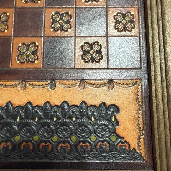 Vintage Chess Board Hand Tooled And Dyed Leather Wood Frame 11”x17” Wall Hanging - Picture 3 of 10